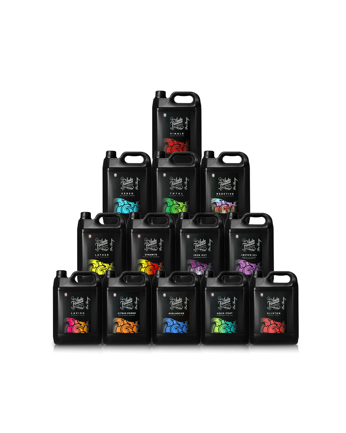 Collection of black oil cans with colorful labels on a white background