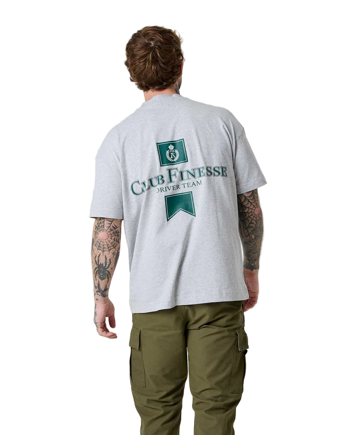 Person wearing a gray t-shirt with 'Club Finesse' logo on the back, standing against a plain background.