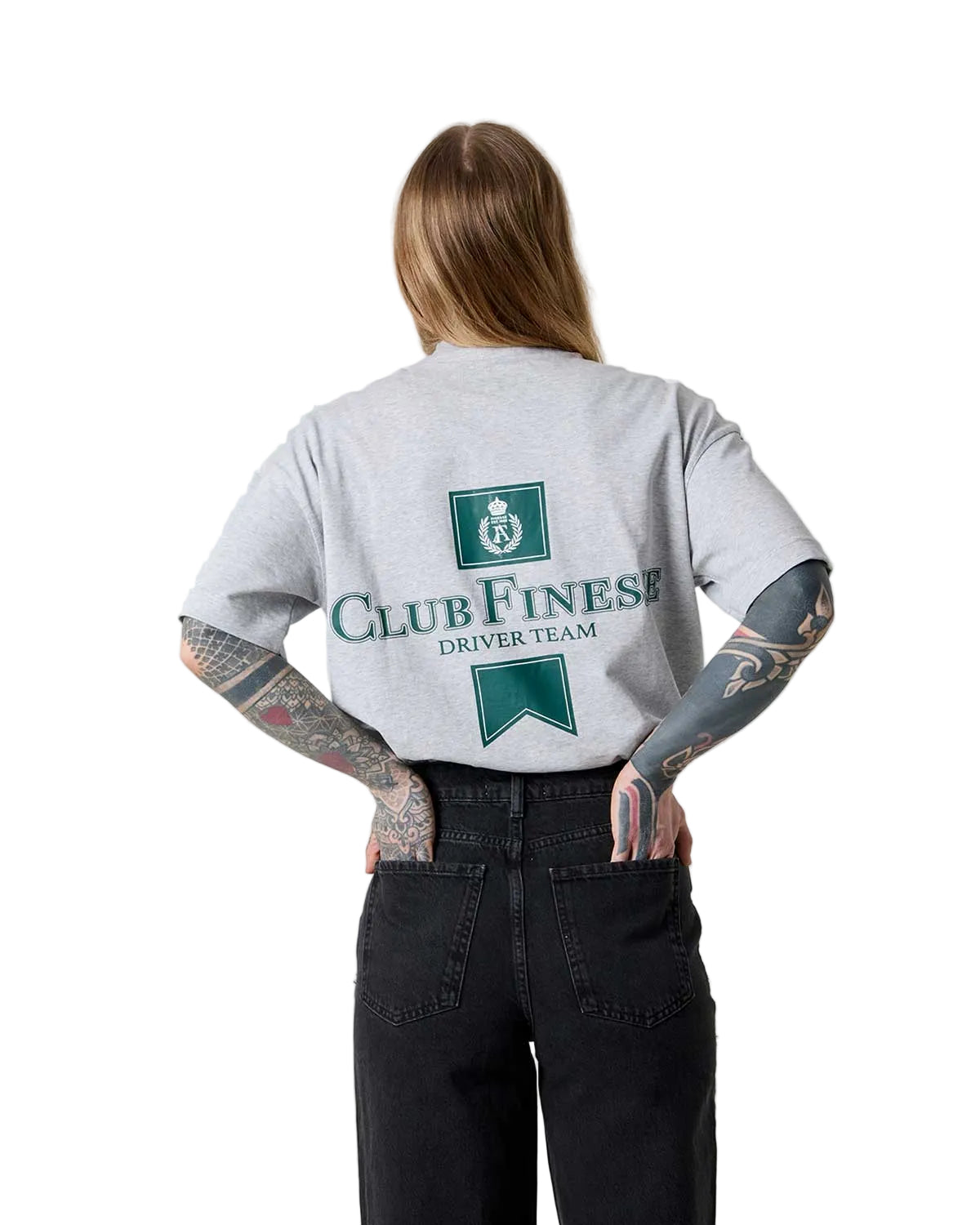 Person wearing a gray sweatshirt with 'Club Finest Driver Team' text and logo on the back.