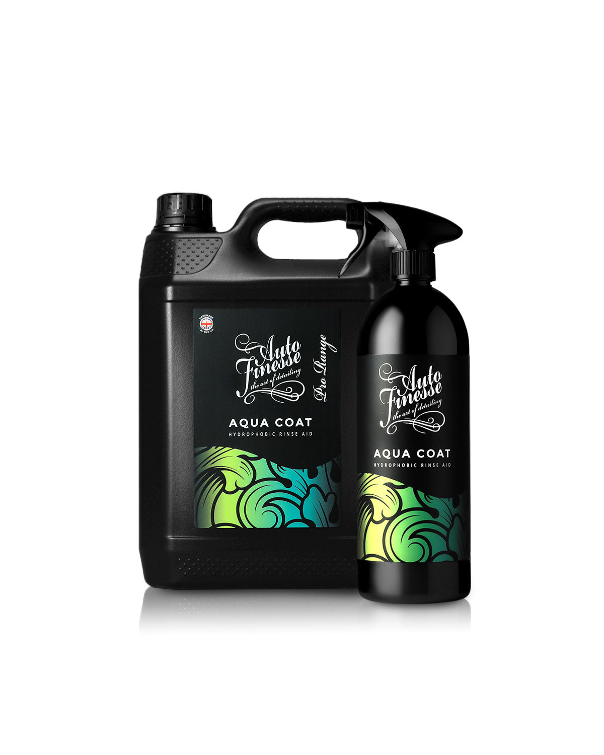 Two black bottles of 'Aqua Coat' with colorful labels on a white background