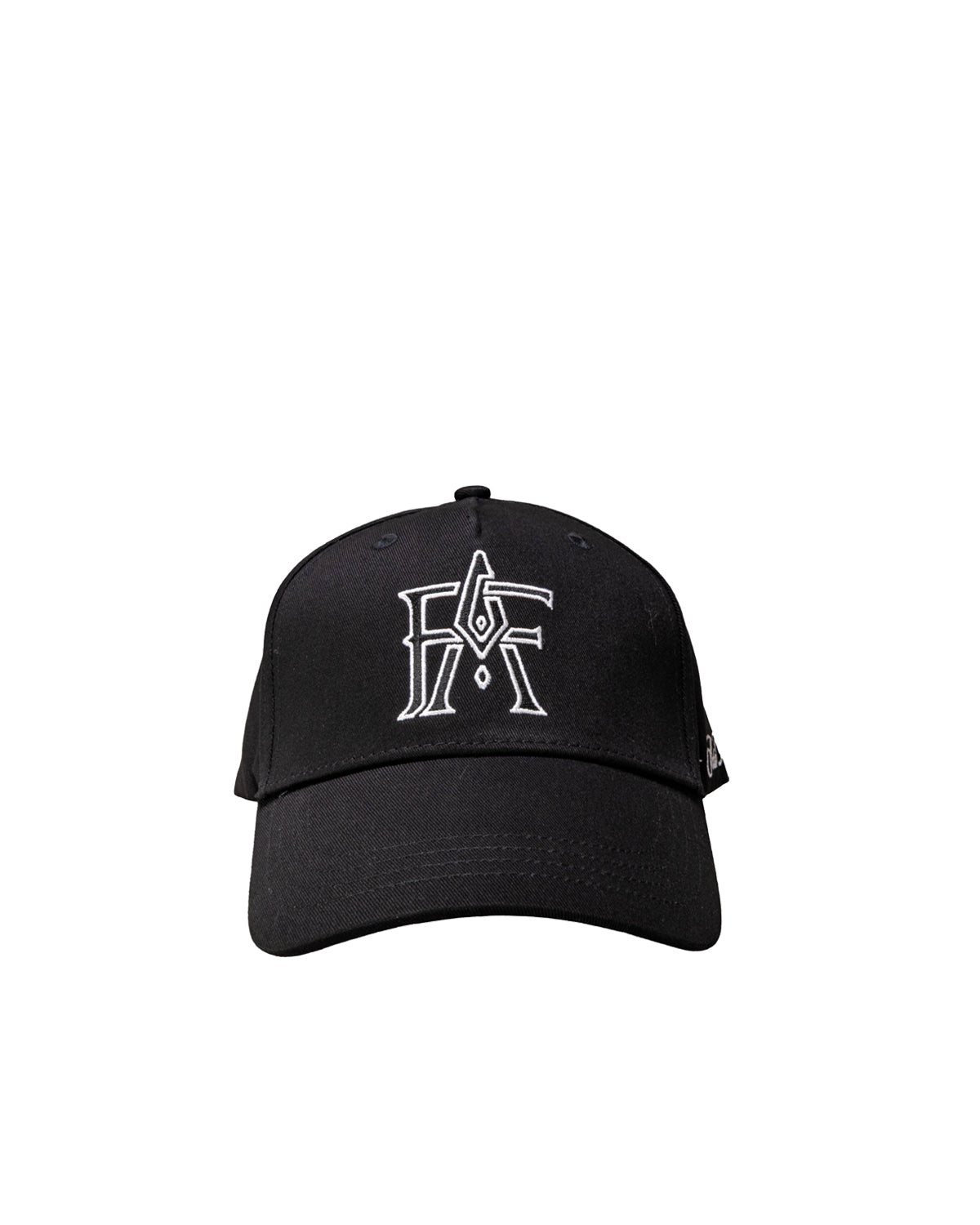 Black detailers baseball cap with a white logo on a white background