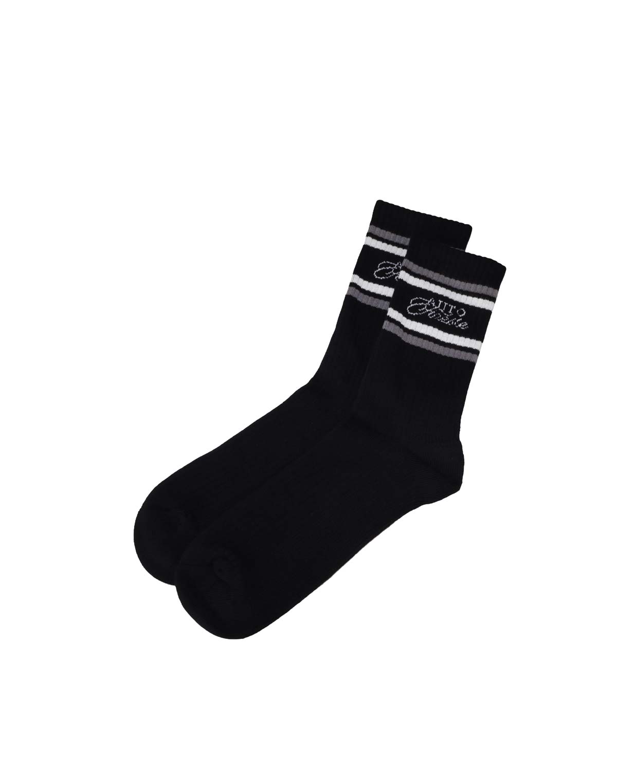 Black socks with gray stripes on a white background