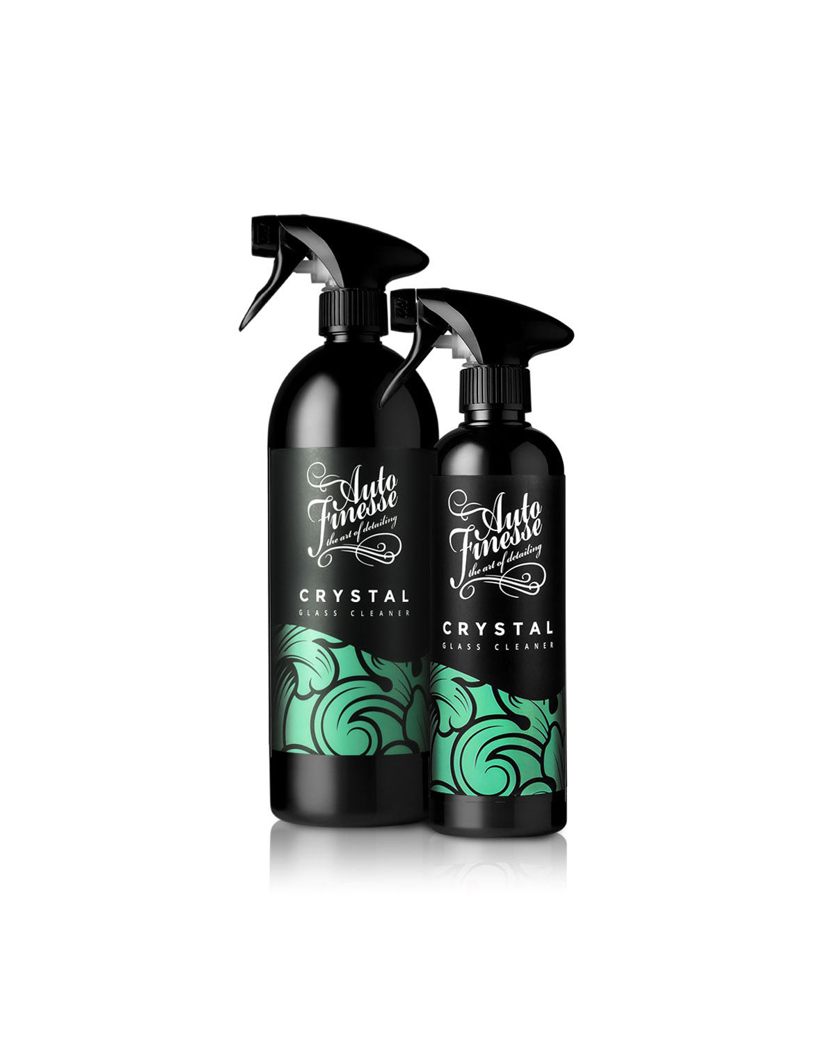 Two black spray bottles with green labels on a white background