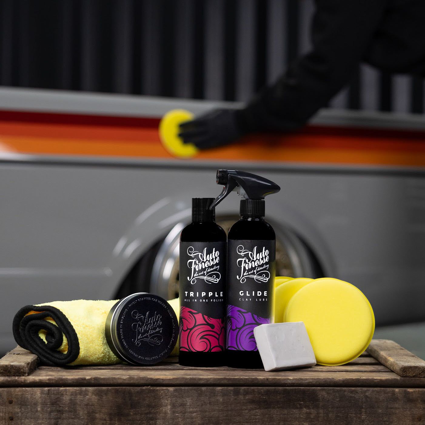 Auto Finesse products laid out with applicator pad_ Car Wax Kit