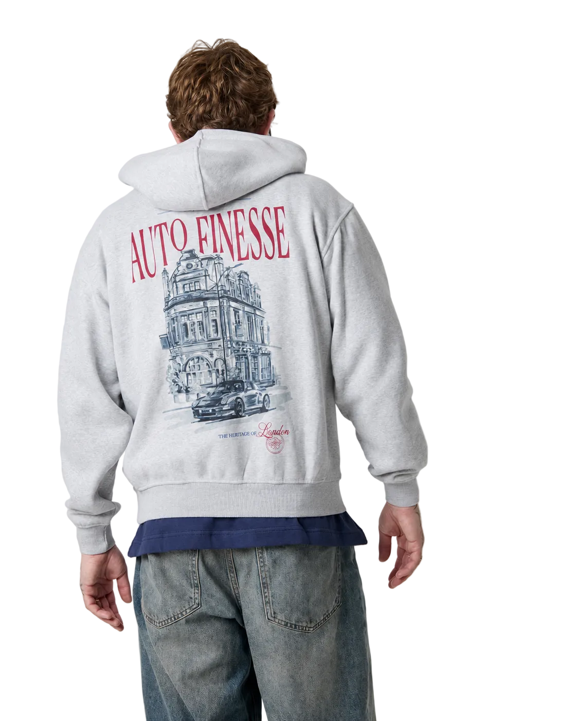Woman wearing a gray hoodie with 'Auto Finesse' design on the back.