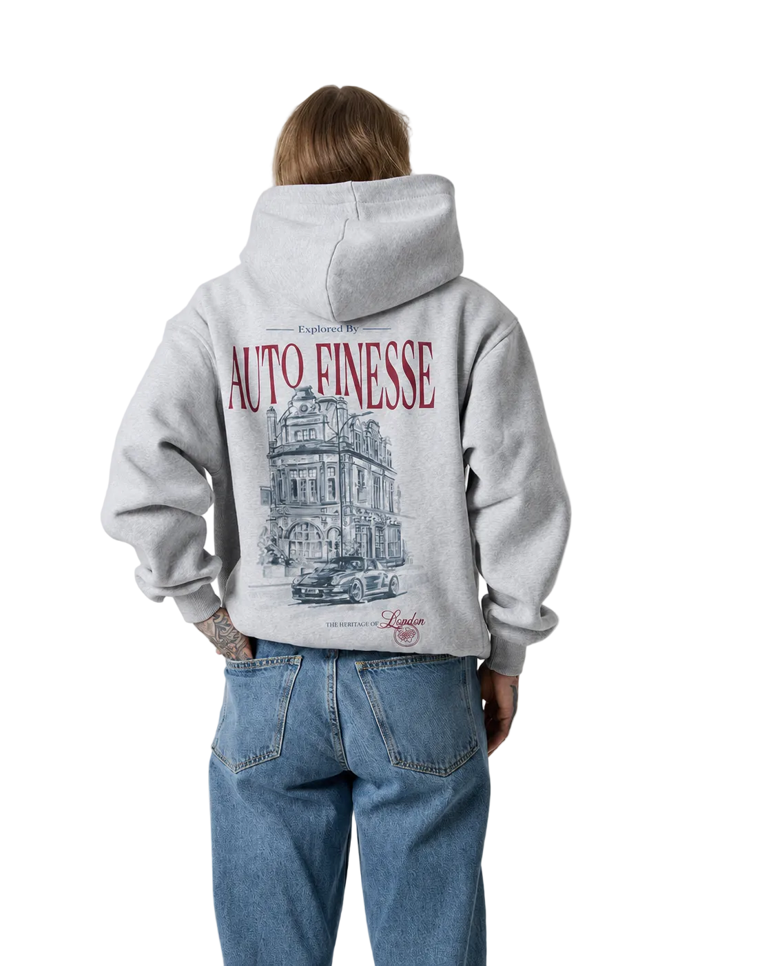 Person wearing a gray hoodie with 'Auto Finesse' design on the back, standing against a plain background.