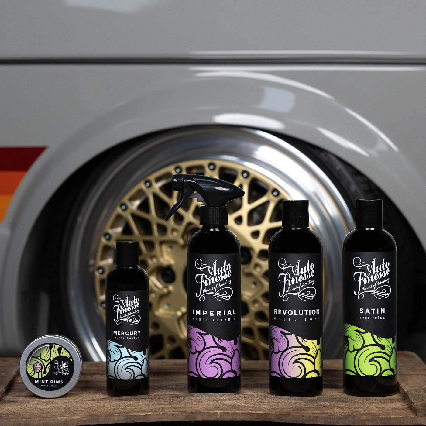Wheel Cleaning products beside a gold-spoked wheel_ Connoisseurs Kit