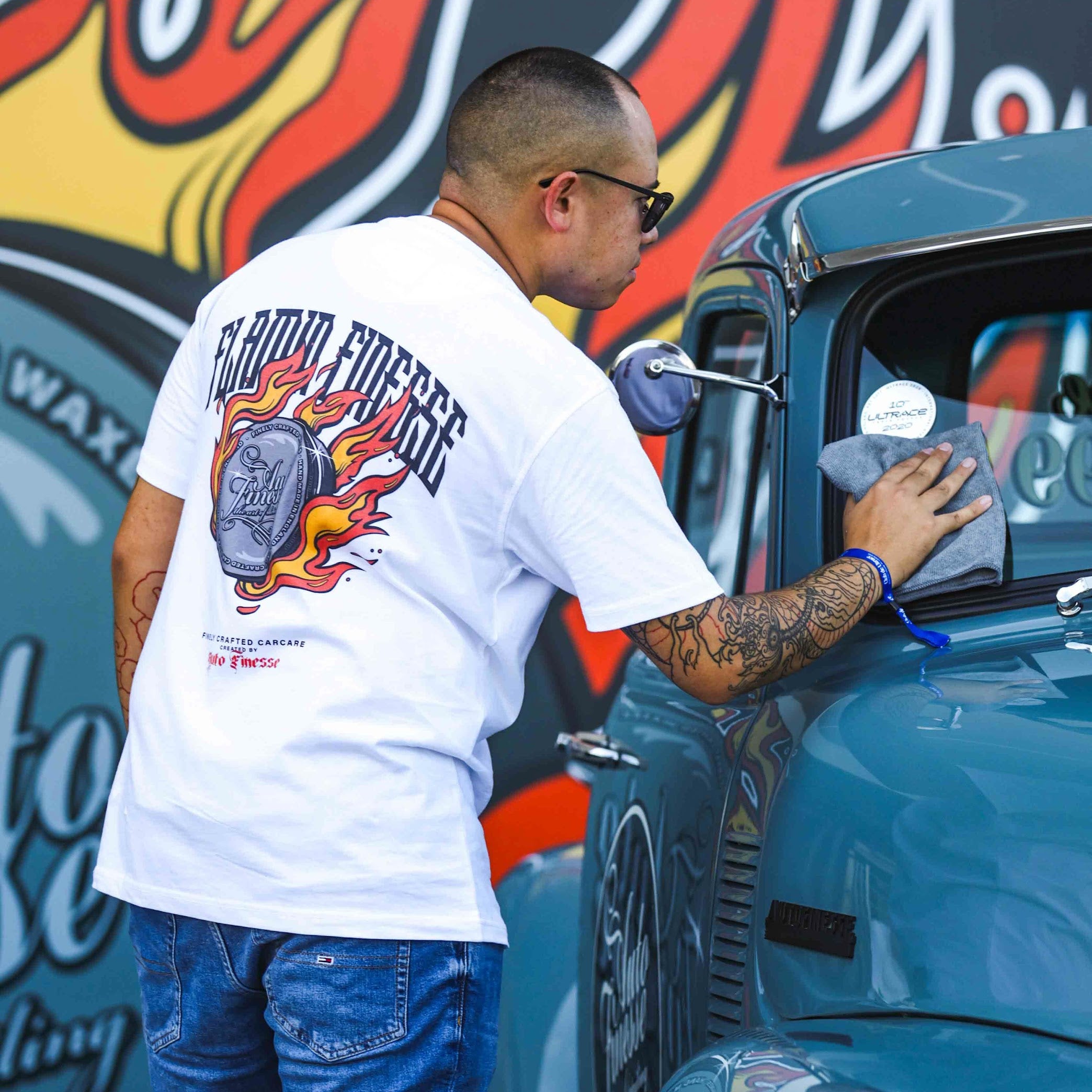 Man Wearing Flamin' Finesse Detailers T-Shirt_ Back