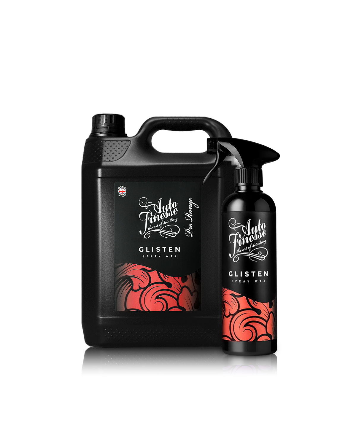 Two black bottles with red and white labels on a white background