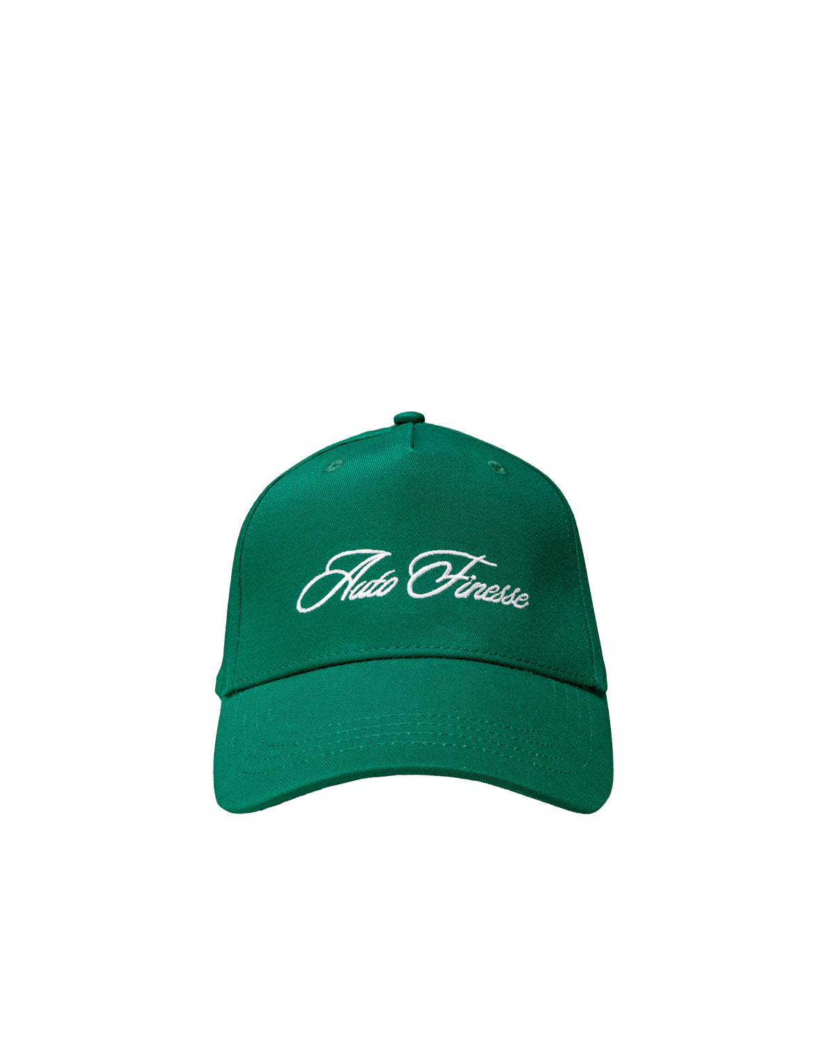 Green detailers baseball cap with white text on a white background