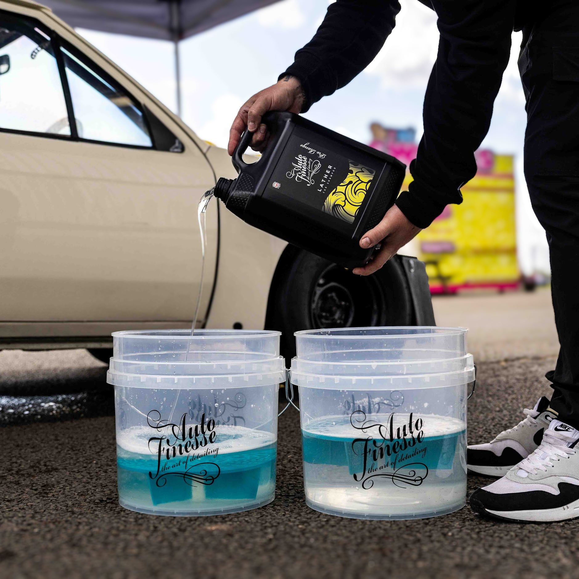 Pro Essentials Kit_ Lather 5L Pouring into Detailing Bucket
