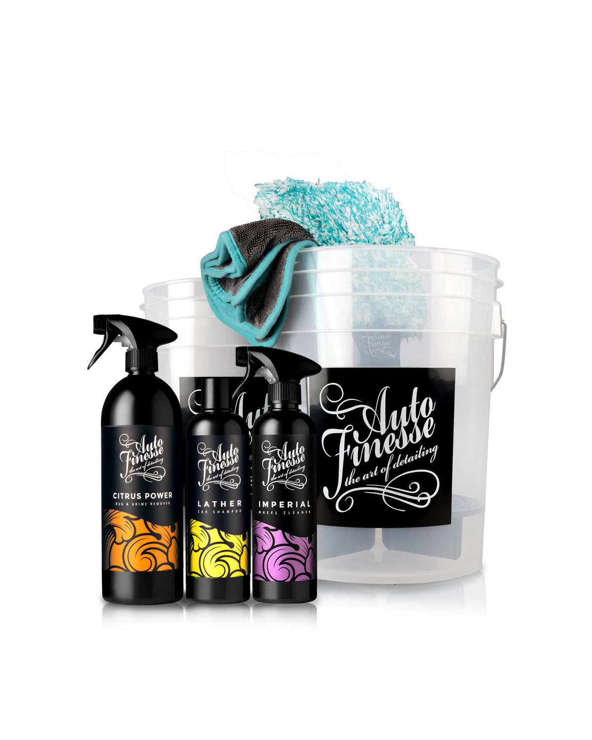 Automotive care products including bottles and a bucket with cloths on a white background