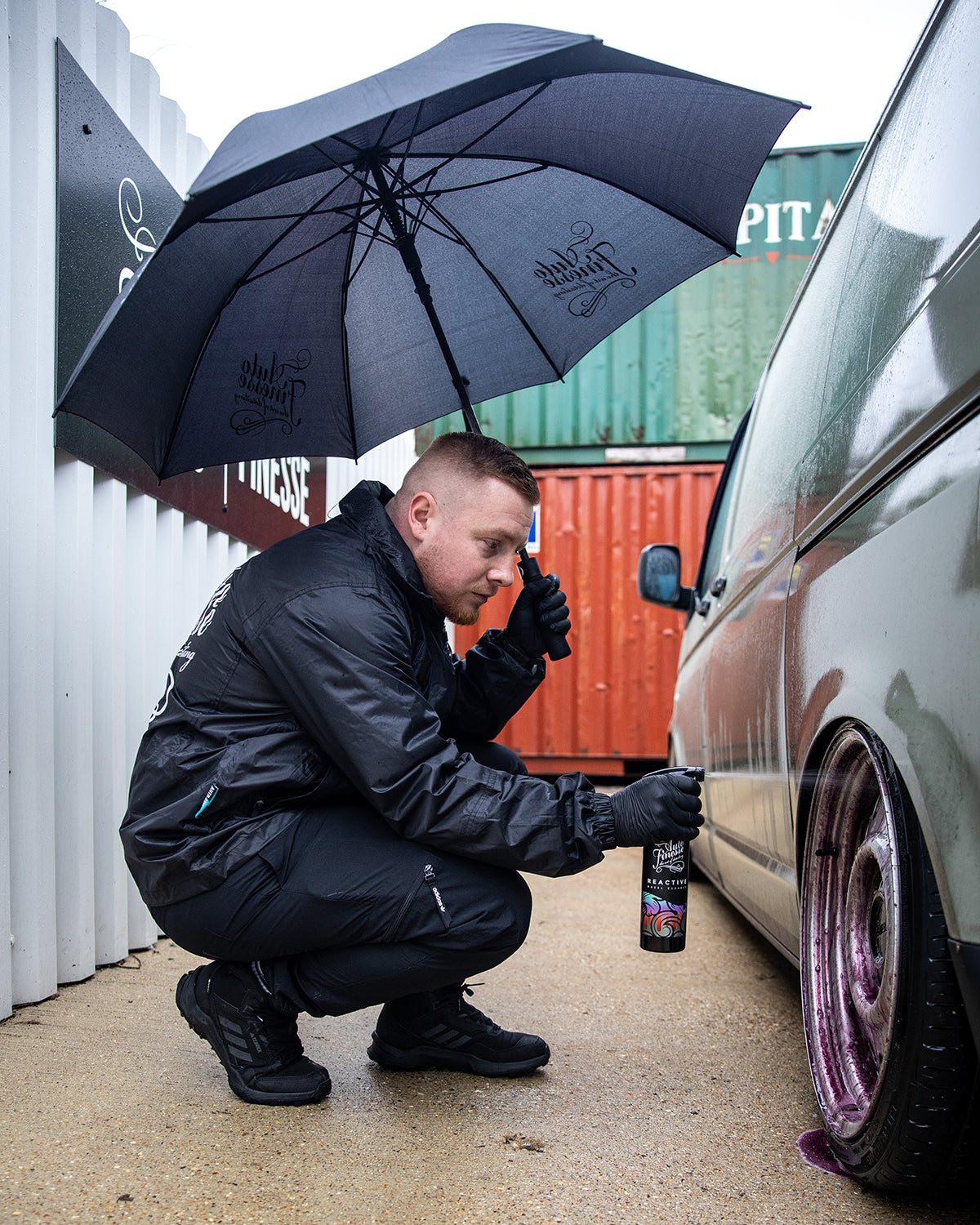 Man Holding Auto Finesse Umbrella While Detailing