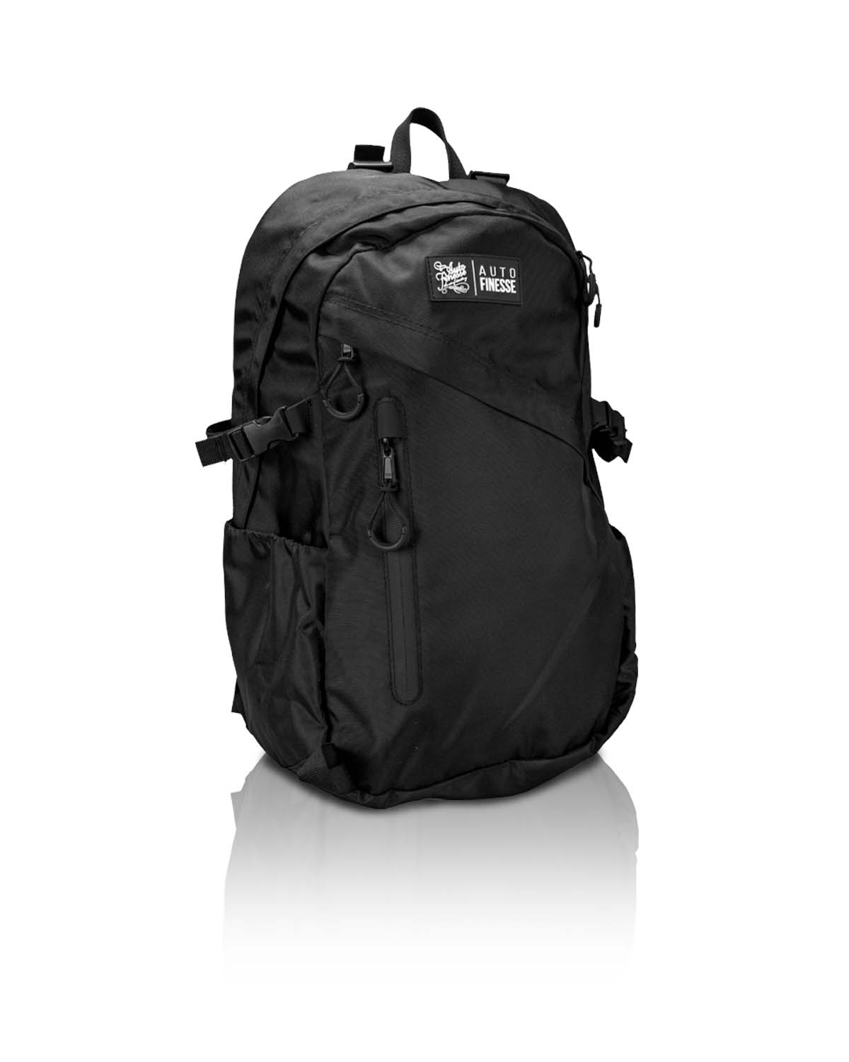Black detailers backpack with a brand logo on a white background