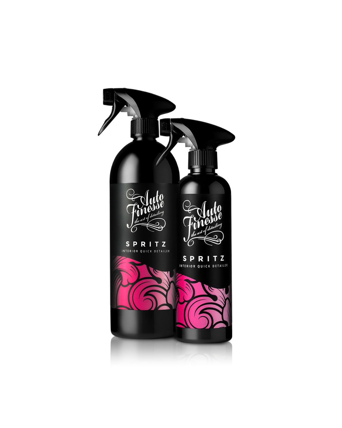 Two black spray bottles with pink floral designs on a white background