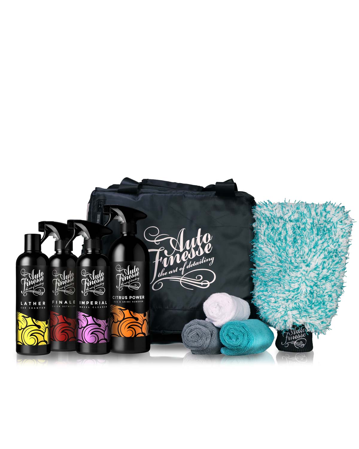Automotive care product set with bottles, cloths, and a bag labeled 'Auto Finesse' on a white background.