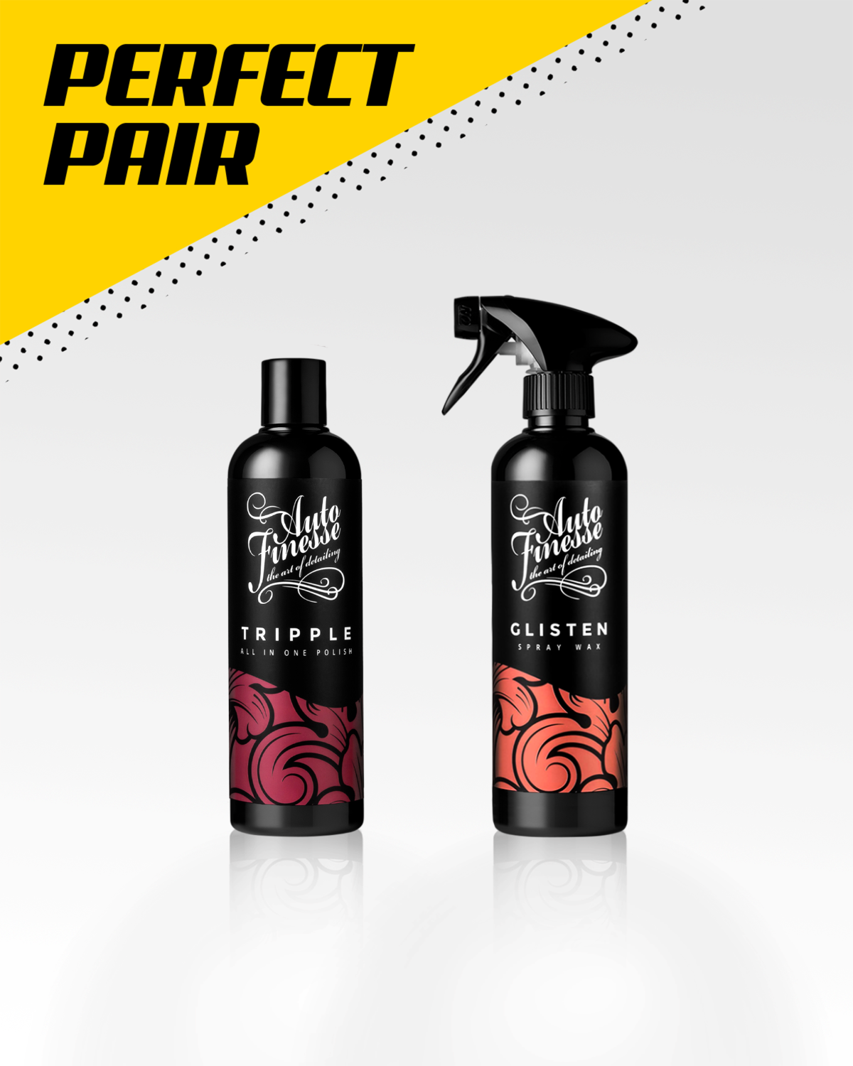 Two bottles of Auto Finesse car care products on a white background with 'Perfect Pair' text.