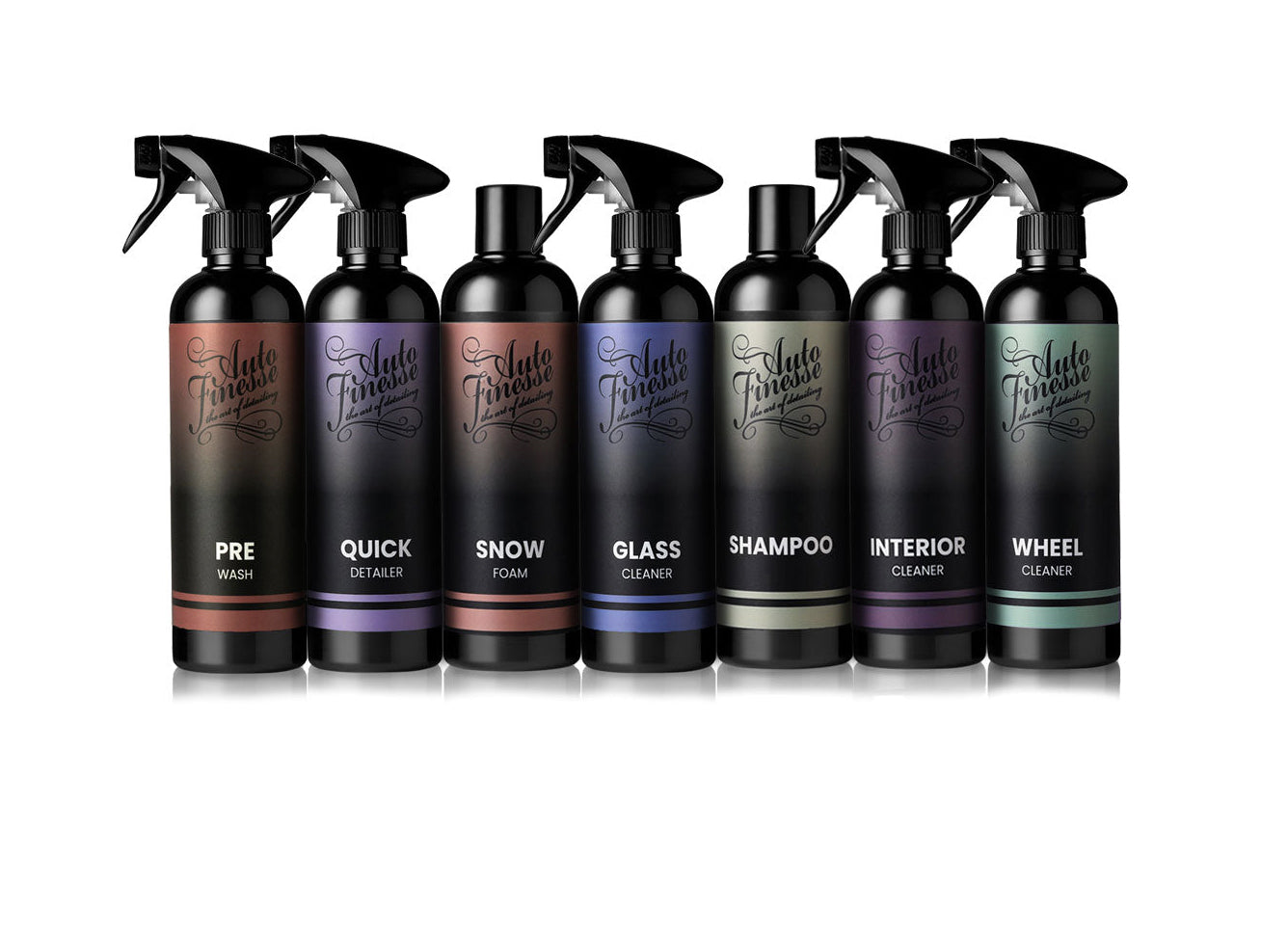 Set of eight spray bottles with gradient labels on a white background