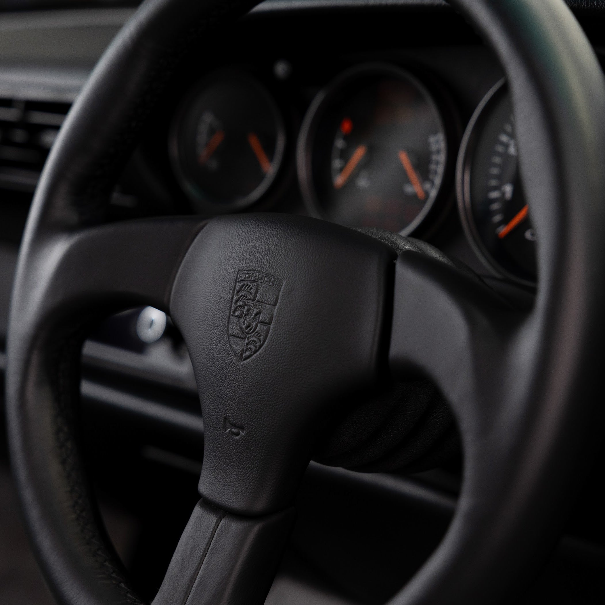 Close-up of a Porsche steering wheel after cleaning