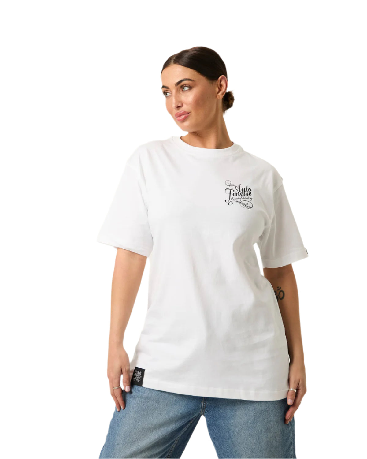 Detailers Signature T-Shirt White_ Woman Wearing - Front