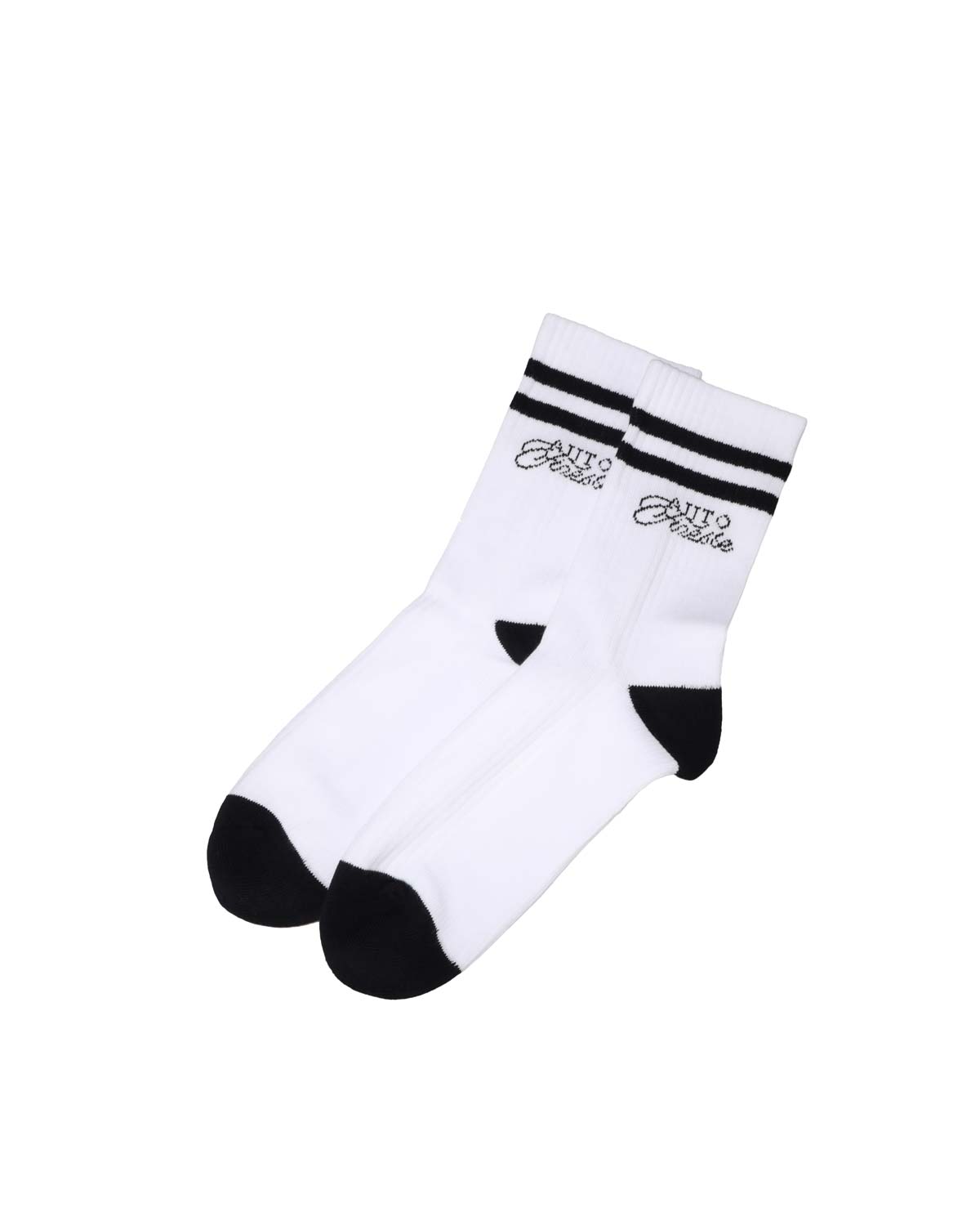 White socks with black accents and branding on a white background