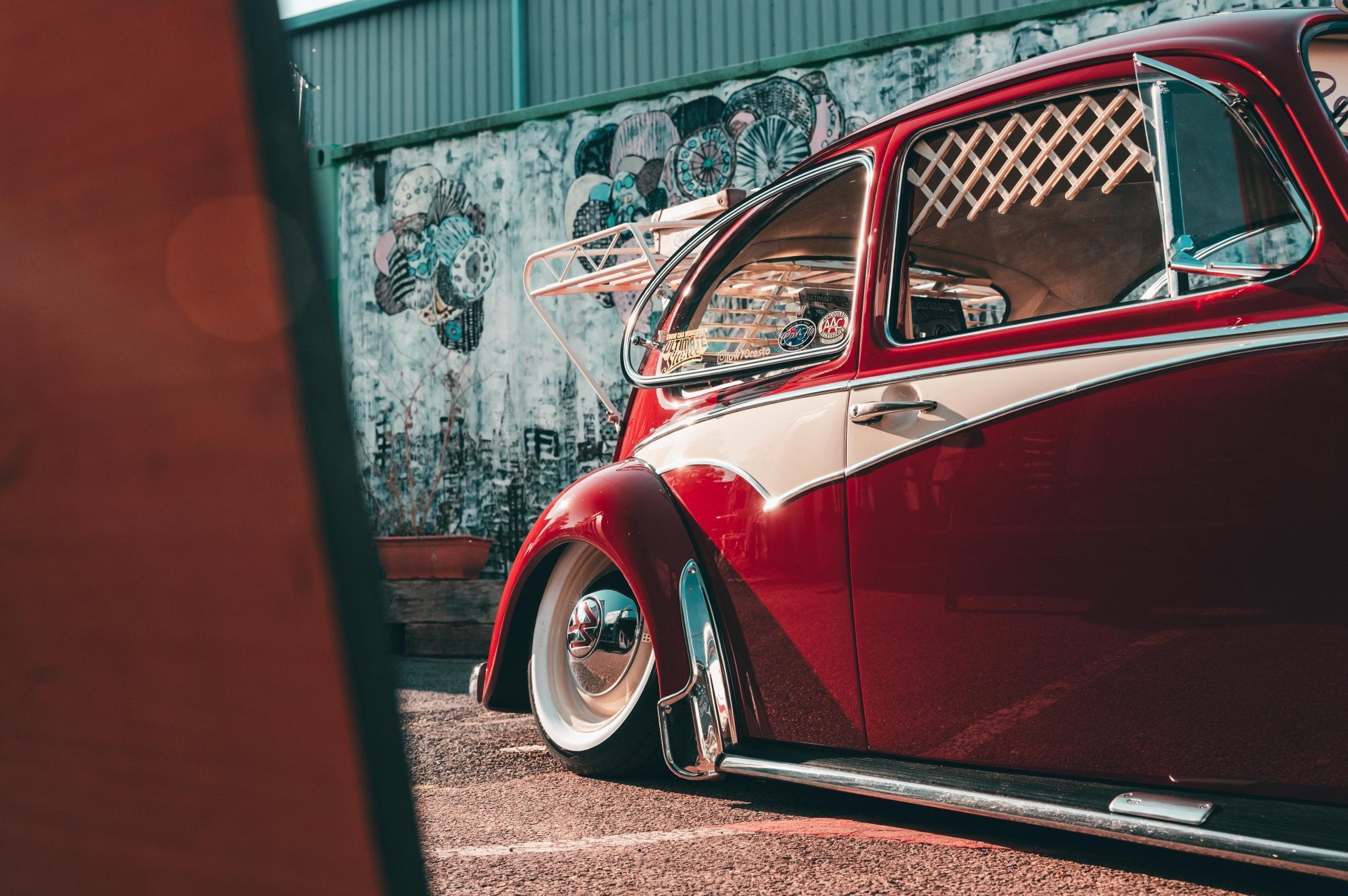 Red Car with retro styling and custom wheel