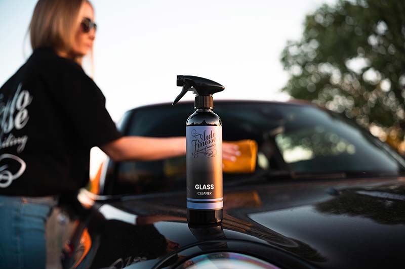 Person holding a bottle of glass cleaner on a car roof with a blurred background
